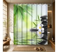 Uiiooazy Rideau Douche Bambou, Rideau de Douche Anti Moisissure 180x180cm Vert Zen Noir Pierre Cailloux Japonais Rideaux de Baignoire Imperméable Tissu Lavable Rideaux Salle de Bain avec 12 Crochets