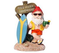 Uikdjgu Figurines de GNOME DrôLes en RéSine avec Panneau de Bienvenue de Planche de Surf Une Statue Quelque Part à 5 Heures pour la DéCoration de la Cour du Jardin à