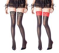 UILYNIU 2 Paires Bas Autofixant pour Femme Filles Sexy Jarretière Bas en Dentelle, Bas Antidérapants en Silicone Chaussettes Montantes pour Deguisement Fête à Thème Noël Carnaval Halloween Cosplay