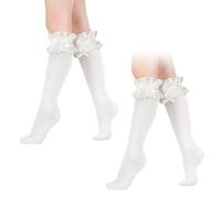 UILYNIU 2 Paires Chaussettes Hautes Montantes Femme, Chaussettes avec Noeud, Chaussettes Volants sur Genou Bas, Chaussettes de Genoux Chaudes, pour vie quotidienne, fête