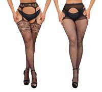 UILYNIU 2 Paires Sexy Bas Porte-Jarretelles pour Femme Collant en Résille Floral Noir, Taille Haute Filets de Pêche Bas Résille, Bas Lingerie Jarretières pour Deguisement Fête Halloween Cosplay