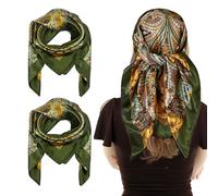 UILYNIU 2 Pièces Dames Foulards, Écharpe en Soie Synthétique, Motif Classique écharpe, Beach Hijab Style Vintage, Confortable Étole, Elégant Poids Léger Foulards pour Dames Filles,Taille Unique (Vert)
