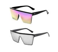 UILYNIU 2 Pièces Lunettes de Soleil Carrées Surdimensionnées, Rectangulaire Lunettes de Soleil Femme Homme, Flat Top Sunglasses, Fashion Grand Cadre Sunglasses, Dégradé et Argent