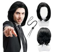 UILYNIU 2 Pièces Perruque Noire Courte avec Cravate Bolo, Perruque Homme Femme Punk Rock 80's 90's Accessoires pour Fête Cosplay Halloween Carnaval Usage (2 Pièces)