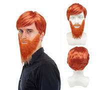 UILYNIU 2Pcs Perruque Homme avec Fausse Barbe Ginger Wig Boyband Perruque Déguisement Perruque Orange Perruque Homme Punk Rock Perruque Années 80 Accessoires de Costume pour Fête Carnaval(Orange)