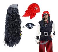 UILYNIU 3 Pcs Ensemble de Costume de Pirate Adulte Enfant Accessoires de Pirate Perruque Homme Chapeau de Pirate Cache œil de Pirate pour Halloween Carnaval Party (3 Pcs)