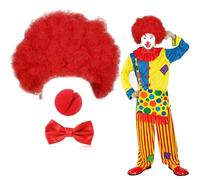UILYNIU 3 Pcs Ensemble de Déguisement Perruque Rouge Perruque Clown Nez Noeud Papillon Perruque Homme Femme Accessoires Costume de Clown pour Fête Carnaval (Rouge)