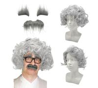 UILYNIU 3 Pcs Lot de Perruque Grises avec Barbe Costume de Scientifique Perruque Professeur Perruque Homme Vieil Homme Perruque de Grand père Moustache Grise pour Cosplay Fête Halloween Noël (Gris)