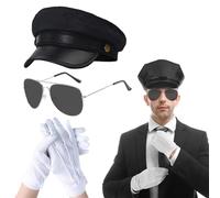 UILYNIU 3 Pièces Costume de Chauffeur avec Noir Chapeau Chauffeur Lunettes de Soleil Gants Blancs, Accessoires de Déguisement DeTaxi Gangster pour Chauffeur de Mariage, Carnaval, Fête à Thème