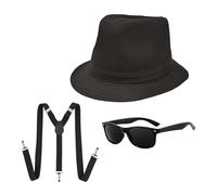 UILYNIU 3 Pièces Costume de Chef de la Mafia des Années 20, Accessoire Annee 1920 Homme Fedora Chapeau Gangster Lunettes Élastique Bretelles, Chapeau Panama Homme Gangster Tenue Halloween Déco