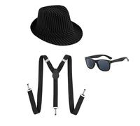UILYNIU 3 Pièces Costume de Chef de la Mafia des Années 20, Accessoires 1920s Homme Accessoires Chapeau Gangster Lunettes Élastique Bretelles, Chapeau Panama Homme Gangster Halloween Cosplay