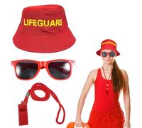 UILYNIU 3 Pièces Costume de Sauveteur, Accessoires de Sauveteur avec Casquette Visière Rouge Sifflet Lunettes de Soleil, Carnaval Chapeau per Adultes Homme Femme Deguisement de Plage Halloween (3PCS)