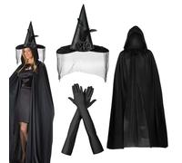 UILYNIU 3 Pièces Costume de Sorcière d'Halloween, Cape de Sorcier Gants de Fête et Chapeau Sorciere, Kit de Sorcière, pour Halloween Party, Fête de Festival, Cosplay Décoration