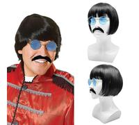 UILYNIU 3 Pièces Perruque Hommes Noir Moustache Lunettes de Soleil Costume hippie Noir Straight Bob Wig With Bangs Perruque pour carnaval ou fêtes à thème, Style Disco 70's (Noir)