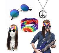 UILYNIU 4 Pcs Deguisement Disco Femme Homme Perruque Disco Hippie Lunettes de Soleil Collier Pendentif Bandeau Années 80 70 60s Costume Perruque Homme pour Cosplay Fête Carnaval Halloween (4 Pcs)