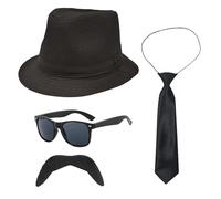 UILYNIU 4 Pièces Costume de Chef de la Mafia des Années 20, Accessoire 1920 Homme Chapeau Gangster Lunettes Cravate Moustache, Chapeau Panama Homme Gangster Halloween Déco pour Fête à Thème (Noir)