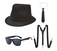 UILYNIU 4 Pièces Costume de Chef de la Mafia des Années 20, Accessoire 1920 Homme Chapeau Gangster Lunettes Élastique Bretelles Cravate, Chapeau Panama Homme Gangster Tenue Halloween Déco