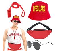 UILYNIU 4 Pièces Costume de Sauveteur, Sauveteur avec Casquette Visière Rouge Sifflet Lunettes de Soleil Sac Banane, Carnaval Chapeau per Adultes Homme Femme Deguisement de Plage Halloween (Rouge)