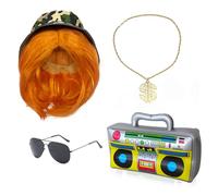 UILYNIU 5 Pcs Accessoires de Costume Hip Hop des Années 80/90 Perruque Homme Chapeau Seau Gonflable Boom Box Collier Lunettes de Soleil Rappeur Rock Hippie Accessoires pour Fête Carnaval (5 Pcs)