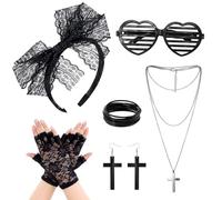 UILYNIU 6 Pièces Deguisement annee 80 Femme Bandeau en Dentelle Boucles Oreilles Gants en Dentelle années 80 Collier Bracelet Lunettes années 80 Femmes Accessoires années 80 pour Fête (Noir)