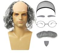 UILYNIU 7 Pcs Ensemble de Perruque Chauve Déguisement Homme Perruque de Grand père Perruque Homme Fausse Moustache Sourcils Bonnet de Perruque Lunettes Accessoires de Costume Grand père (Gris-Bouclé)