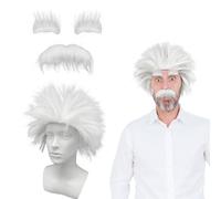 UILYNIU Costume de scientifique fou - Perruque blanche de professeur avec barbe et moustache, déguisement de vieil homme pour cosplay, fête à thème, festival