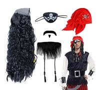 UILYNIU Ensemble de Costume de Pirate Adulte Enfant Accessoires de Pirate Perruque de Pirate Chapeau de Pirate Barbe Cache œil de Pirate Costume Pirate Homme pour Halloween Carnaval Party(4 Pcs)