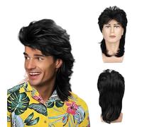 UILYNIU Longue Noir Mulet Perruque Homme des Années 80 Perruque Rock Cheveux, 70s 80s Popstar Perruque Rocker Disco Déguisement Homme pour Carnaval Halloween Thème Cosplay (Noir)