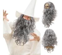 UILYNIU Perruque et Longue Barbe de Sorcier Magicien Gris Longue Bouclé Perruque pour Hommes & Femmes, Magicien Sorcier Mardi Carnaval Costume Perruque Fête à Thème Cosplay Perruque Adulte (Grey)