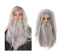 UILYNIU Perruque et Longue Barbe de Sorcier Magicien, Gris Longue Droite Perruque pour Hommes Femmes, Magicien Sorcier Mardi Gras Carnaval Costume Perruque Fête à Thème Cosplay Perruque Adulte (Gris)