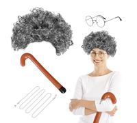 UILYNIU Perruque Grise et Bouclée avec Lunettes Bâton de Marche, Femme Perruque Grise Grand Mère pour Halloween Cosplay Fêtes à Thème Carnaval Déguisement Accessoire (Gris)