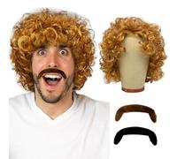 UILYNIU Perruque Hommes et Moustache Blonde Carnaval Halloween, Boucles Perruque Afro Deguisement Hippie Homme Perruque, Rock Perruque Homme pour 60's 70's 80's Hippie Costume Disco Partie (Blonde)