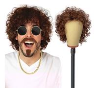 UILYNIU Perruque Hommes et Moustache Brun Collier et Lunettes de Soleil, Afro Deguisement Hippie Homme Rock Boucles Perruque Homme pour 60's 70's 80's Hippie Halloween Costume (4PCS)
