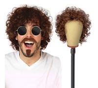 UILYNIU Perruque Hommes et Moustache Brun et Lunettes de Soleil, Boucles Perruque Afro Deguisement Hippie Homme Perruque, Rock Perruque Homme pour 60's 70's 80's Hippie Halloween Costume (Brun)