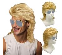 UILYNIU Perruque Mulet Homme des Années 80, Homme Blond Perruque Longue Bouclée Perruque et Lunettes de Soleil, 80s Déguisement Perruque Homme, Perruque Cosplay pour Homme Carnaval Halloween (Blond)