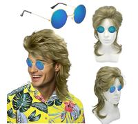 UILYNIU PERRUQUE MULLET_homme avec lunettes de soleil - Style pop rock - Longue et bouclée - Carnaval, Halloween, fête costumée - Blond clair