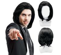 UILYNIU Perruque Noire Homme Femme, Perruques Longue Noire Raie Centrale Droite, Perruque Homme Années 80 90 Punk Rock pour Fête Cosplay Halloween Carnaval Usage (Noir)
