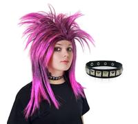 UILYNIU Retro 80's Hot Pink Rocker Wig et Collier, Perruque Dame Homme Perruque à Mulet, Perruque Rock Punk Metal Rocker pour Halloween Carnavals Déguisement Fête Cosplay Soirée à Thème (Rose)