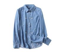 UIOKLMJH Chemise en Jean Brodée Florale pour Femmes Chemisiers Décontractés en Denim Doux À Simple Boutonnage Sky Blue L