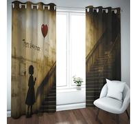 UIRINGART Arts créatifs Fenêtres Rideaux Escalier rétro Rouge Amour Ballon Fille Imprimer Isolé Œillet Rideaux Occultants pour Salon Chambre 2 Panneaux B135xH240cm