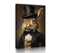 UIRINGART Lapin en costume et chapeau Impression sur toile Lunatique Animaux habillés Art mural Lapin Gentleman Oeuvre pour le salon Salle d’étude Décoration murale 25x40cm Cadre intérieur