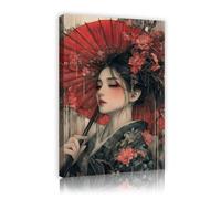UIRINGART Parapluie Geisha Japonais avec Fleurs Toile Élégante Impression Murale Thème Oriental Images Affiches Oeuvre pour Salon décor Intérieure 70x110cm Cadre intérieur