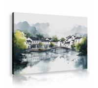 UIRINGART Paysage chinois Toile Art mural traditionnel village d’eau Peinture Images encadrées Œuvres d’art Affiches Nature Affiche pour salle d’étude Décor 80x125cm Cadre intérieur