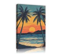 UIRINGART Plage du coucher du soleil palmiers toile art mural photos tropicales côtières tirages affiches sur l’océan peinture d’une île fresque pour la décoration de salle de bain. 45x70cm