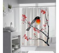 UIRINGART Rideaux de Douche Japonais W100xL200cm Fleur de Cerisier Rouge Fleur d’Oiseau paysages naturels Aquarelle Tissu Polyester Lavable Salle de Bain Baignoire avec Crochets