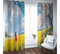 UIRINGART Rideaux occultants de Style Anime Vie Rurale Champ de Fleurs Jaunes Fleur de Cerisier Fille Rideaux de fenêtre isolés pour Porte coulissante en Verre 2 Panneaux B132xH160cm