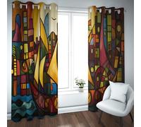 UIRINGART Rideaux occultants de Style coloré Paysage Urbain Abstrait Portuaire Rideaux économisant en énergie pour Chambre Porte coulissante en Verre 2 Panneaux B140xH240cm