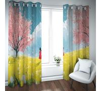 UIRINGART Rideaux occultants de Style Contemporain Cerisier Rose Printemps Fleurs Jaunes Mignon Fille œillet Rideaux de fenêtre pour Chambre à Coucher Maison 2 Panneaux B107xH214cm
