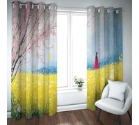 UIRINGART Rideaux occultants Toutes Saisons Champ Jaune Rose Fleur de Cerisier Fille Vue de Dos œillet Rideaux de fenêtre pour Patio Porte coulissante 2 Panneaux B140xH260cm