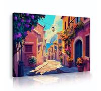 UIRINGART Toile de ruelle méditerranéenne art mural Peinture colorée de scènes de rue Estampes de village côtier Fresques sur le chemin Œuvres d’art pour la décoration du salon 35x55cm